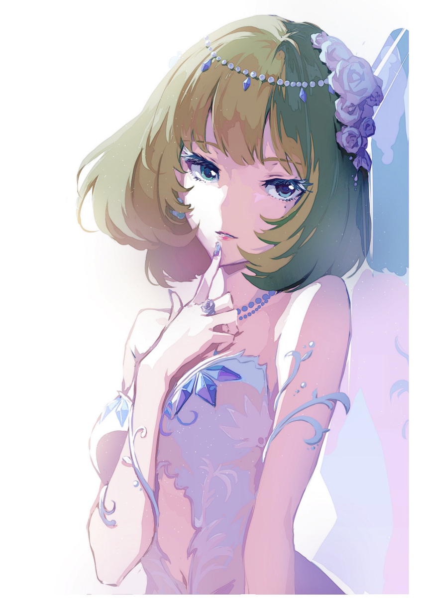 1girl bangs blue_eyes blue_nails canon_(aria) eyebrows_visible_through_hair finger_to_mouth green_hair highres idolmaster idolmaster_cinderella_girls index_finger_raised jewelry looking_at_viewer midriff mole mole_under_eye nail_polish navel necklace parted_lips ring short_hair solo stomach takagaki_kaede upper_body