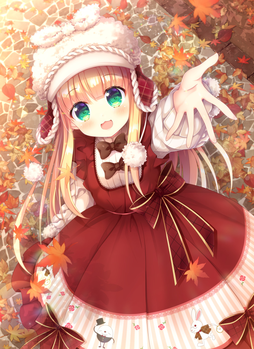 1girl alternate_costume ari_(ariburo) blonde_hair green_eyes hat highres leaf long_hair looking_at_viewer mononobe_alice nijisanji open_mouth reaching_out ribbon solo virtual_youtuber