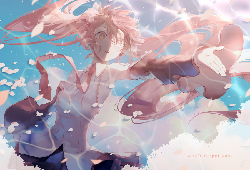1girl bare_shoulders black_skirt cherry_blossoms clouds cloudy_sky commentary detached_sleeves english_text hatsune_miku highres long_hair necktie outstretched_arm parted_lips petals petals_on_liquid pink_eyes pink_hair pink_neckwear pink_sleeves reflection saihate_(d3) sakura_miku shirt shoulder_tattoo skirt sky sleeveless sleeveless_shirt solo tattoo twintails upper_body very_long_hair vocaloid water_surface white_shirt wide-eyed