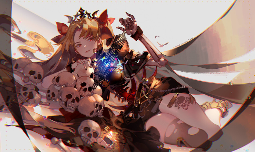 1girl artist_name belt bird black_cape black_nails black_shirt blonde_hair blood borrowed_design cape chain commentary_request copyright_name dangle_earrings dutch_angle earrings ereshkigal_(fate/grand_order) fate/grand_order fate_(series) full_body glowing grey_background hair_ribbon hand_on_another's_head hand_up high_heels holding holding_cage jewelry kawacy long_hair lying on_side pinky_out red_eyes red_ribbon ribbon shirt single_thighhigh skeleton skull solo thigh-highs tiara torn_clothes torn_legwear very_long_hair wristband yellow_footwear
