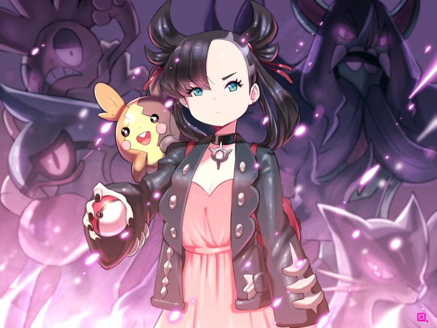 1girl aqua_eyes asymmetrical_bangs asymmetrical_hair bangs black_choker black_hair black_jacket black_nails choker dress earrings eyebrows_visible_through_hair gen_4_pokemon gen_5_pokemon gen_8_pokemon grimmsnarl hair_ribbon highres holding holding_poke_ball jacket jewelry kenron_toqueen liepard long_sleeves looking_at_viewer mary_(pokemon) morpeko morpeko_(full_belly) open_clothes open_jacket pink_dress poke_ball poke_ball_(generic) pokemon pokemon_(creature) pokemon_(game) pokemon_on_shoulder pokemon_swsh red_earrings ribbon scrafty stud_earrings toxicroak twintails undercut