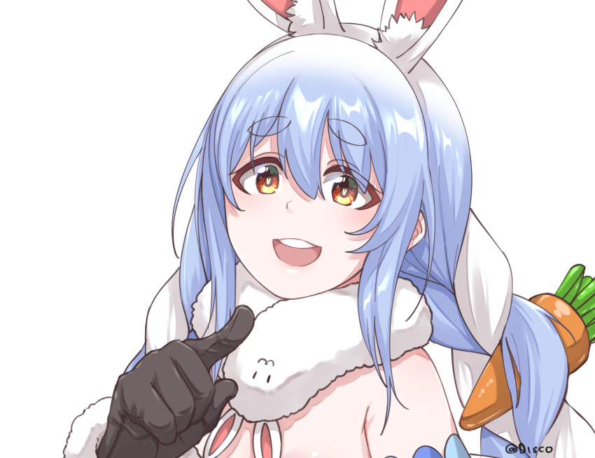 1girl :d animal_ear_fluff animal_ears bangs black_gloves blue_hair braid bunny-shaped_pupils carrot carrot_hair_ornament disco_brando extra_ears eyebrows_visible_through_hair food_themed_hair_ornament fur_trim gloves hair_between_eyes hair_ornament hololive long_hair looking_at_viewer multicolored_hair open_mouth pointing pointing_at_viewer rabbit_ears short_eyebrows simple_background smile solo symbol-shaped_pupils thick_eyebrows twin_braids two-tone_hair upper_body upper_teeth usada_pekora virtual_youtuber white_background white_hair