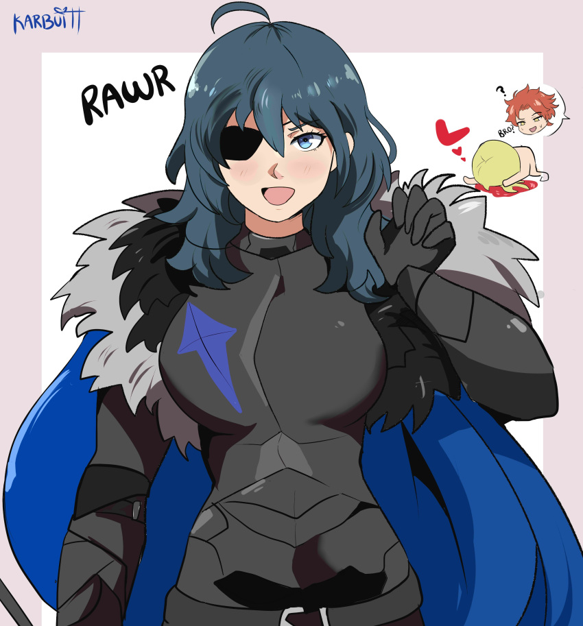 1girl 2boys absurdres armor black_eyepatch blonde_hair blood blood_stain blue_eyes blue_hair blush breasts byleth_(fire_emblem) byleth_eisner_(female) cape chibi chibi_inset cosplay dimitri_alexandre_blaiddyd dimitri_alexandre_blaiddyd_(cosplay) eyepatch fire_emblem fire_emblem:_three_houses fur_trim gao gloves happy heart highres karbuitt large_breasts long_hair long_sleeves looking_at_viewer multiple_boys nosebleed open_mouth paw_pose redhead short_hair signature simple_background smile sylvain_jose_gautier timeskip white_background
