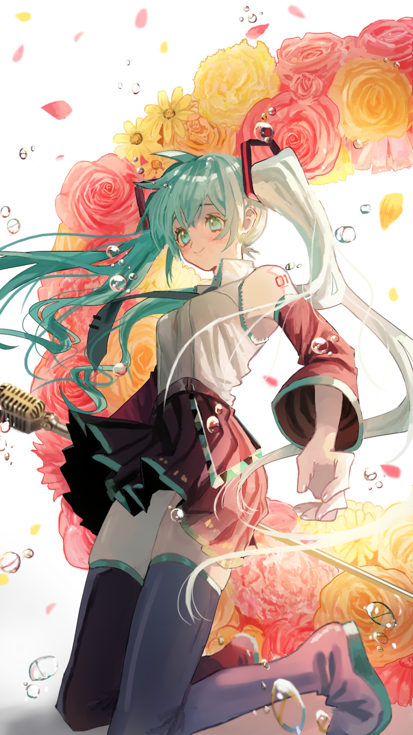 1girl arms_at_sides backlighting bare_shoulders black_legwear black_skirt blue_hair blue_neckwear blush breasts closed_mouth collared_shirt commentary_request detached_sleeves dew_drop eyelashes fingernails floating_hair flower from_side full_body hair_between_eyes happy hatsune_miku highres holding holding_microphone_stand kneeling long_hair looking_away medium_breasts microphone microphone_stand necktie orange_flower orange_rose petals pink_flower pink_rose pleated_skirt rose shadow shiny shiny_skin shirt shirt_tucked_in shoulder_tattoo simple_background skirt sleeveless sleeveless_shirt smile solo tattoo thigh-highs thighs torino_enaga twintails under_boob very_long_hair vocaloid water_drop white_background white_shirt wreath yellow_flower zettai_ryouiki
