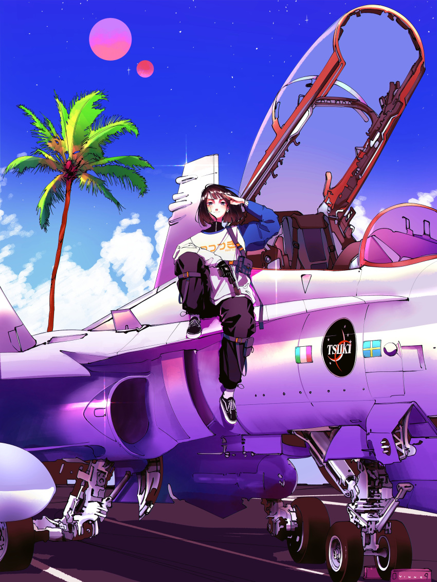 1girl absurdres aircraft airplane bandaid bandaid_on_face bangs black_gloves black_hair blue_sky cargo_pants commentary dusk english_commentary fighter_jet gloves gun handgun highres holding holding_gun holding_weapon jet leg_up light_smile military military_vehicle mismatched_sleeves moon multiple_moons original pants pistol red_moon salute sky solo star_(sky) starry_sky sweatshirt trigger_discipline vinne weapon