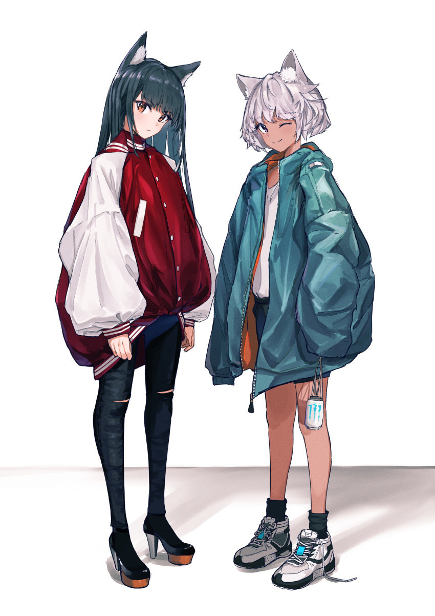 2girls ;) absurdres animal_ear_fluff animal_ears bangs black_footwear black_hair black_legwear black_pants black_shorts blue_jacket brown_eyes cat_ears closed_mouth dark_skin eyebrows_visible_through_hair grey_eyes gu_luco high_heels highres jacket letterman_jacket long_hair long_sleeves monster_energy multiple_girls one_eye_closed open_clothes open_jacket original pants puffy_long_sleeves puffy_sleeves red_jacket shirt shoes short_shorts shorts sleeves_past_fingers sleeves_past_wrists smile socks standing violet_eyes white_background white_footwear white_shirt