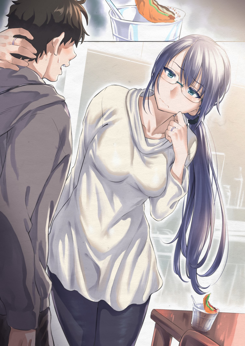 1boy 1girl blue_eyes blue_hair breasts collarbone commentary_request dress faceless faceless_male glasses hand_behind_head highres husband_and_wife inu_(aerodog) jewelry long_hair low_ponytail original pants ponytail ramen ring short_dress sweatshirt table very_long_hair wavy_mouth wedding_band white_dress