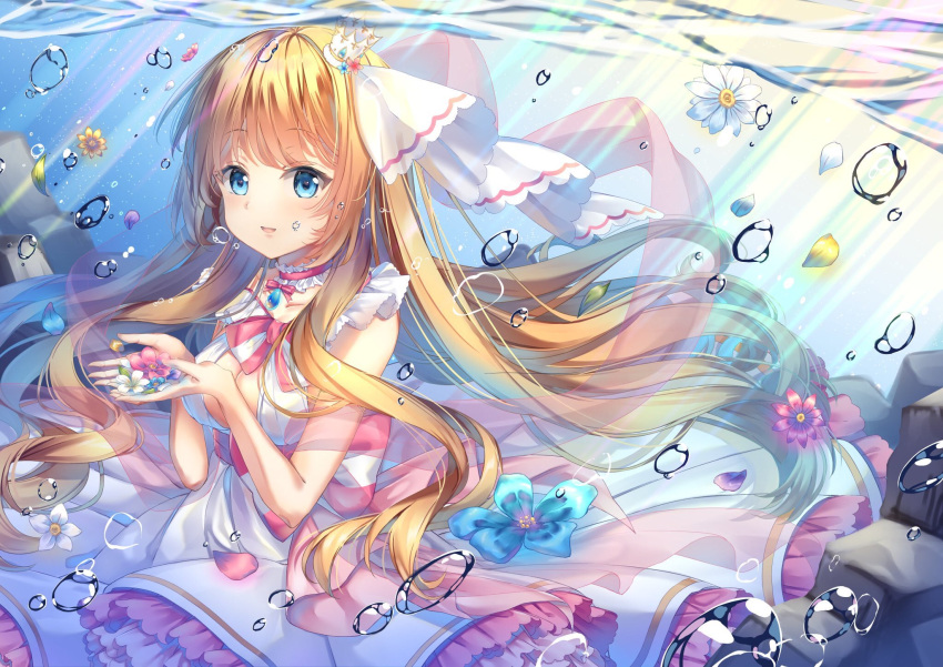 1girl air_bubble bangs blonde_hair blue_eyes bow bubble cleavage_cutout commentary_request crown dress flower frills hair_ornament highres long_hair looking_at_viewer original ribbon sleeveless sleeveless_dress solo torokeru_none underwater water water_drop white_dress