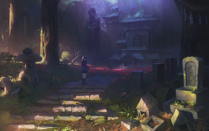 1girl bag bangs black_hair black_legwear black_skirt blunt_bangs day doora_(dora0913) facing_viewer fantasy forest grass highres horns long_hair nature oni oni_horns original outdoors pleated_skirt ruins scenery school_bag shoes shrine skirt socks solo standing sunlight tombstone tree very_wide_shot