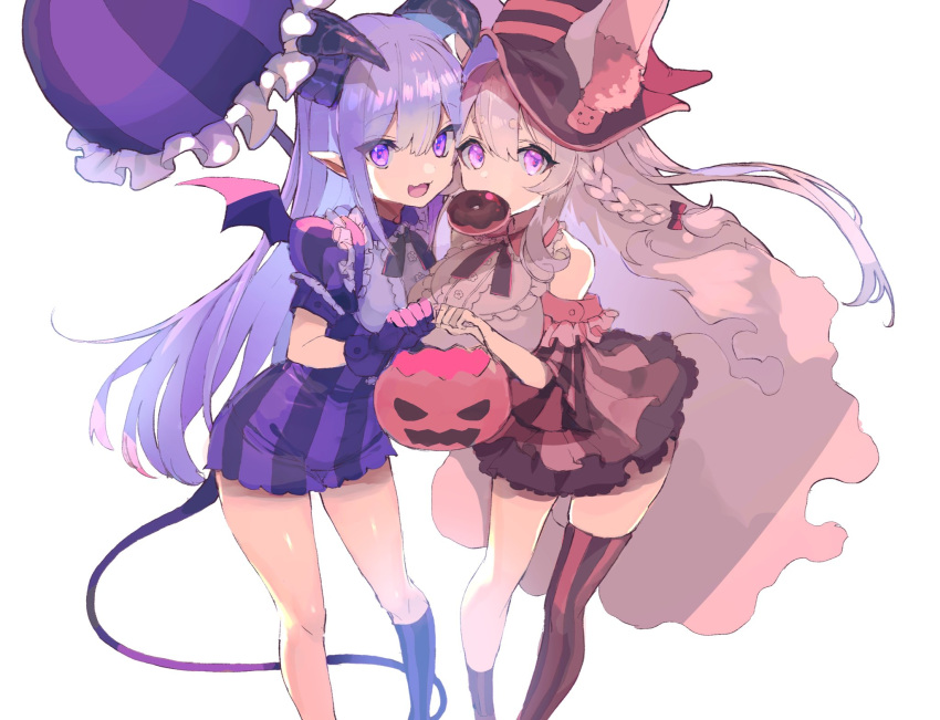 2girls animal_ear_fluff animal_ears bare_shoulders basket bow braid demon_girl demon_horns demon_tail demon_wings doughnut dress eyebrows fang food food_in_mouth frills gloves hair_bow hat highres holding holding_basket horns long_hair mini_wings multiple_girls open_mouth original pointy_ears puffy_sleeves purple_dress purple_hair purple_umbrella red_bow sakusya2honda short_eyebrows simple_background smile striped striped_dress striped_legwear succubus tail thigh-highs umbrella violet_eyes white_background wings