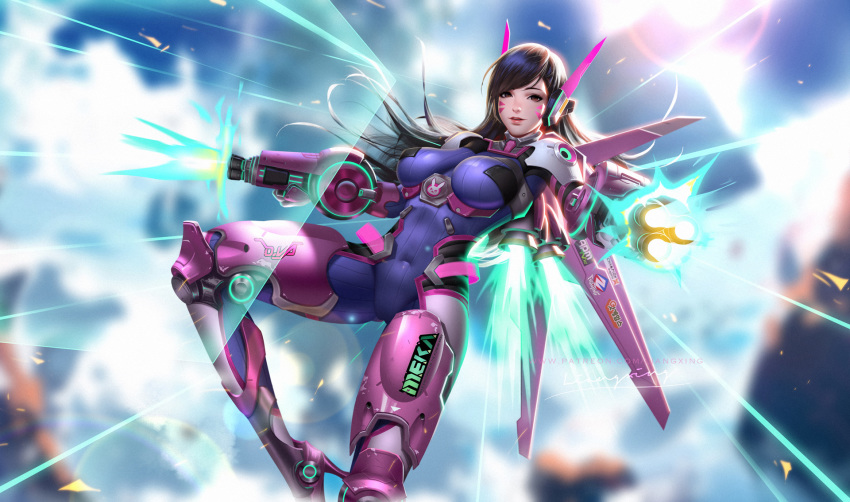 adapted_costume arm_cannon bodysuit breasts brown_eyes brown_hair d.va_(overwatch) facepaint framed_breasts highres impossible_bodysuit impossible_clothes jetpack large_breasts liang_xing long_hair mecha_musume overwatch power_armor tagme weapon