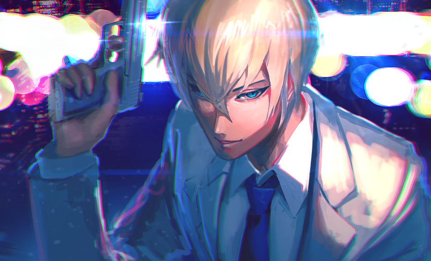 1boy amuro_tooru blonde_hair blue_eyes blurry bokeh depth_of_field egawa_akira formal gun handgun holding holding_gun holding_weapon male_focus meitantei_conan necktie solo suit upper_body weapon