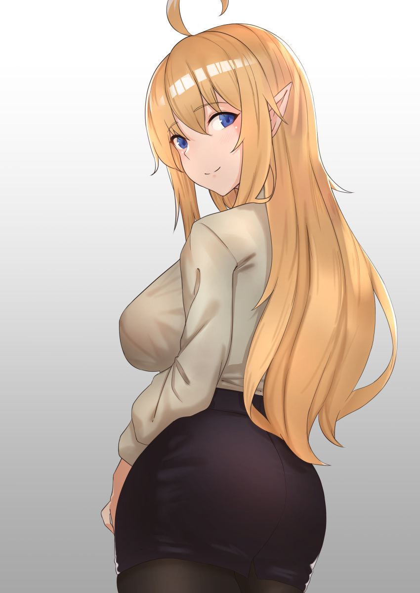 absurdres ahoge bang bangs black_legwear black_skirt blonde_hair blue_eyes breasts commentary_request elach elf eyebrows_visible_through_hair finger_gun from_behind highres large_breasts long_hair long_sleeves looking_at_viewer original pantyhose pencil_skirt pointy_ears skirt smile