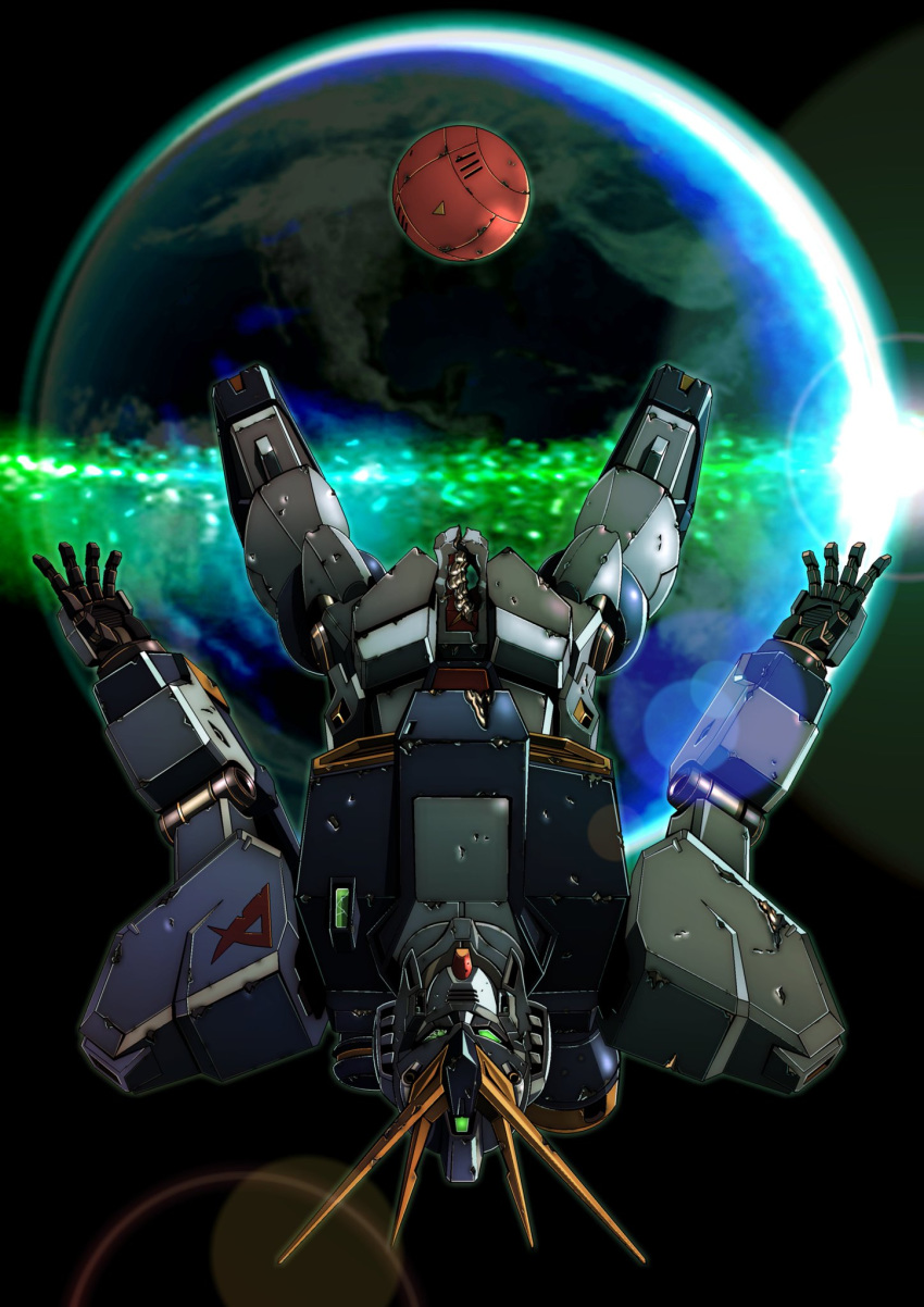 char's_counterattack cockpit commentary_request damaged earth floating full_body green_eyes gundam highres joy_(cyber_x_heaven) mecha no_humans nu_gundam open_hands space upside-down zero_gravity