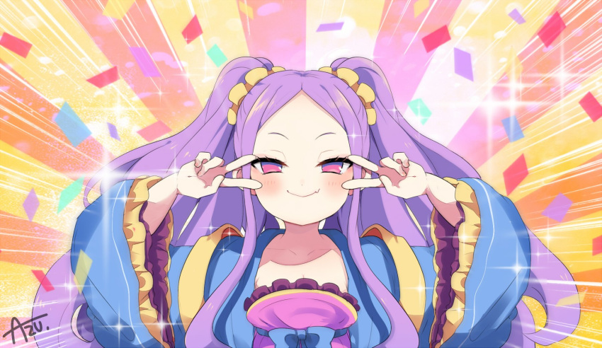 1girl azu_(kirara310) bangs blue_bow blush bow chinese_clothes closed_mouth collarbone commentary_request confetti double_v dress emotional_engine_-_full_drive fang fang_out fate/grand_order fate_(series) forehead frilled_dress frilled_sleeves frills hair_ornament hair_scrunchie hanfu highres long_hair long_sleeves open_clothes parted_bangs pink_dress purple_hair red_eyes scrunchie signature smile solo sparkle two_side_up upper_body v v_over_eye very_long_hair wide_sleeves wu_zetian_(fate/grand_order) yellow_scrunchie