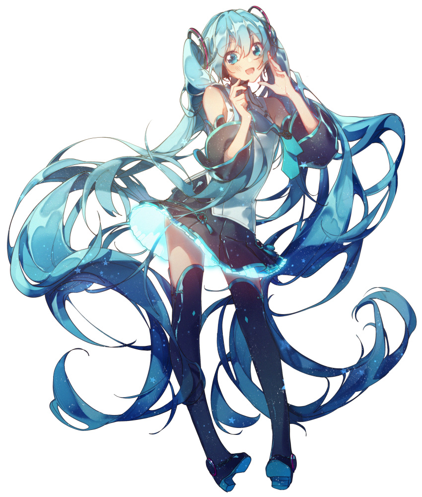 1girl absurdly_long_hair absurdres aqua_eyes aqua_hair aqua_neckwear bare_shoulders black_legwear black_skirt black_sleeves commentary contrapposto detached_sleeves full_body hair_ornament hands_up hatsune_miku hatsune_miku_(vocaloid4)_(chinese) headphones headset highres holding holding_microphone huge_filesize long_hair looking_at_viewer microphone mikka620 neon_trim open_mouth pleated_skirt shirt shoulder_tattoo skirt sleeveless sleeveless_shirt smile solo symbol_commentary tattoo thigh-highs twintails very_long_hair vocaloid white_background white_shirt zettai_ryouiki