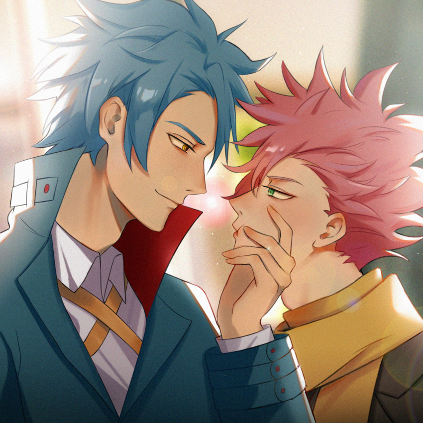 2boys aoi_harusumi blue_hair eye_contact formal green_eyes highres id_:invaded looking_at_another male_focus messy_hair multiple_boys pink_hair pursed_lips scarf suit upper_body yellow_eyes yellow_scarf