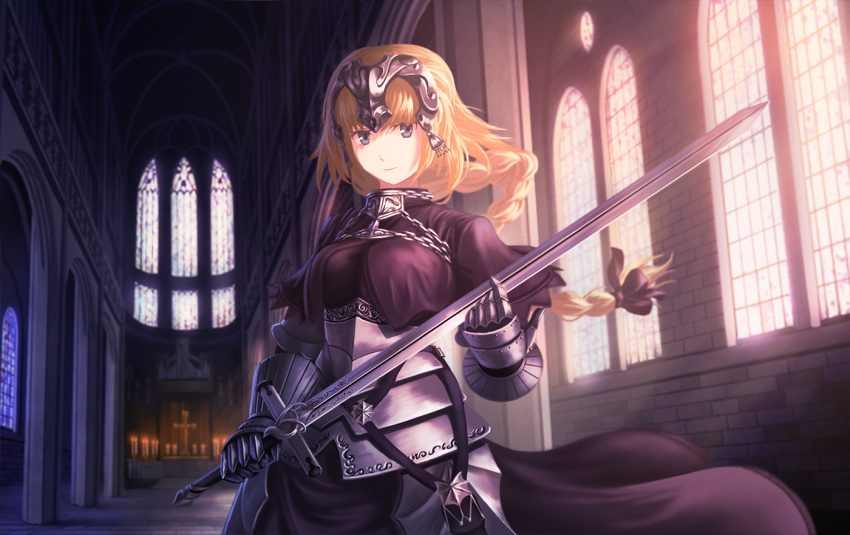 1girl armor armored_dress bangs blonde_hair braid candle capelet chain church cross day doora_(dora0913) fate/apocrypha fate_(series) gauntlets grey_eyes headpiece holding holding_sword holding_weapon indoors jeanne_d'arc_(fate) jeanne_d'arc_(fate)_(all) long_hair looking_at_viewer single_braid smile solo standing sword tiara weapon window