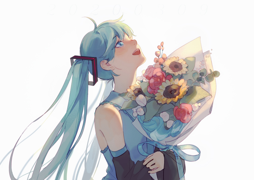 1girl 2020 absurdres backlighting bangs bare_shoulders blue_eyes blue_hair blue_ribbon blunt_bangs blush bouquet collared_shirt dated detached_sleeves eyebrows_visible_through_hair eyelashes flat_chest flower hands_on_own_chest hatsune_miku head_back hidari_(7853055) highres holding holding_bouquet holding_flower leaf light_particles long_hair looking_up open_mouth pink_flower pink_rose plant ribbon rose shaded_face shirt simple_background sleeveless sleeveless_shirt solo sunflower teeth twintails upper_body very_long_hair vocaloid white_background white_flower white_rose white_shirt yellow_flower