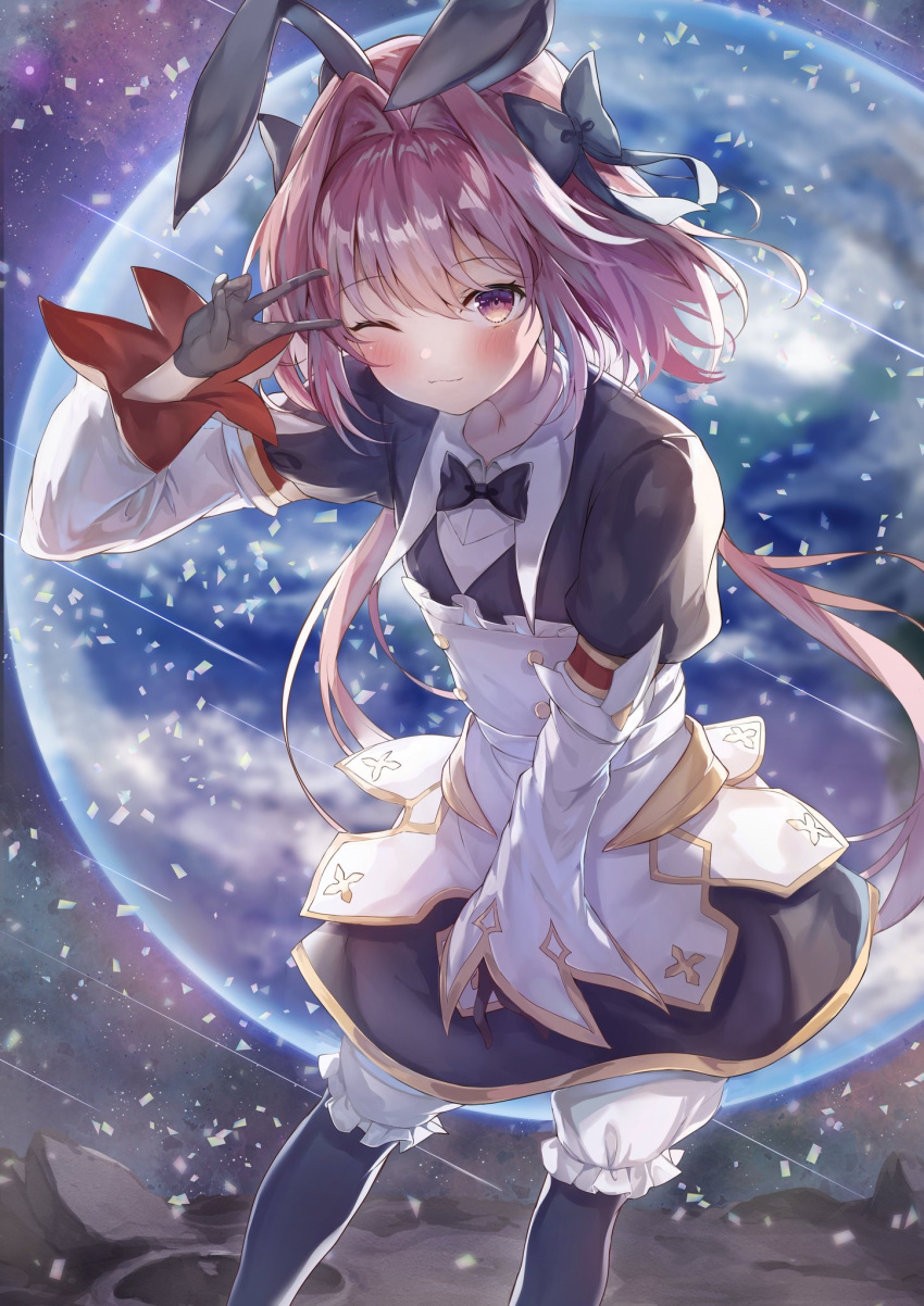 1boy astolfo_(fate) astolfo_(saber)_(fate) bangs black_bow black_dress black_gloves black_legwear black_neckwear black_ribbon bloomers blush bow bowtie dress earth fate/grand_order fate_(series) gloves hair_between_eyes hair_bow hair_intakes hair_ribbon highres juliet_sleeves layered_skirt long_hair long_sleeves looking_at_viewer low_twintails mochi_nabe multicolored_hair one_eye_closed otoko_no_ko pink_hair puffy_sleeves ribbon skirt smile snowing solo streaked_hair twintails underwear v violet_eyes white_hair white_skirt wide_sleeves wing_collar