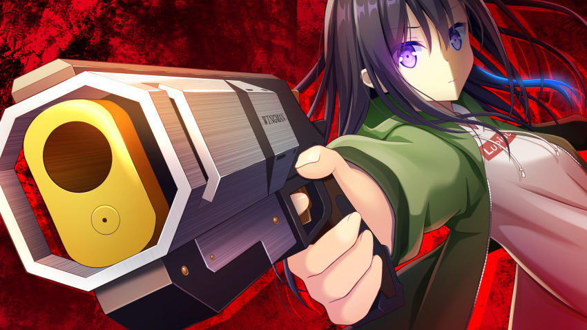 1girl apex_legends bangs black_hair character_request commentary_request copyright_request eyebrows_visible_through_hair green_jacket gun hair_between_eyes highres holding holding_gun holding_weapon iwamoto_sora jacket long_hair looking_at_viewer open_clothes open_jacket outstretched_arm pose red_background shadow shirt sidelocks solo titanfall titanfall_2 violet_eyes virtual_youtuber weapon white_shirt