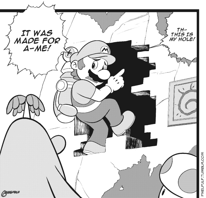 1boy backpack bag commentary english_commentary english_text gloves greyscale hat hole male_focus mario super_mario_bros. monochrome open_mouth pants peaked_cap pianta pixelpulp shoes short_sleeves signature solo_focus standing super_mario_sunshine the_enigma_of_amigara_fault toad