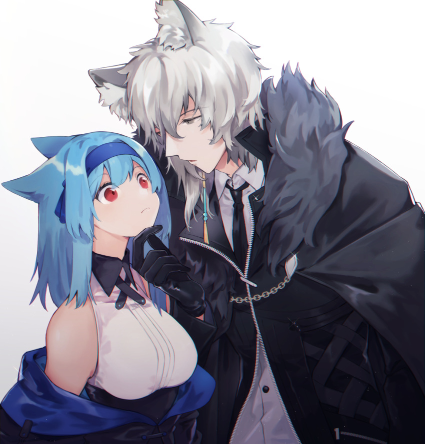 1boy 1girl animal_ears arknights blue_hair breasts female_doctor_(arknights) fur_collar headband highres leopard_ears long_coat medium_breasts red_eyes rirene_rn silverash_(arknights) sleeveless touching_another's_chin white_hair