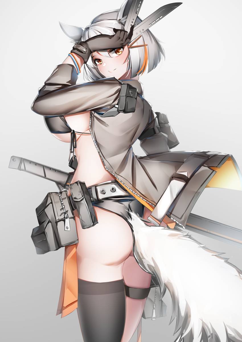 1girl absurdres ass bag bow breasts brown_gloves brown_jacket gloves grey_background grey_hair hair_bow hand_in_hair highres jacket large_breasts looking_at_viewer lubikaya1 open_clothes orange_eyes original short_hair solo tagme thigh-highs