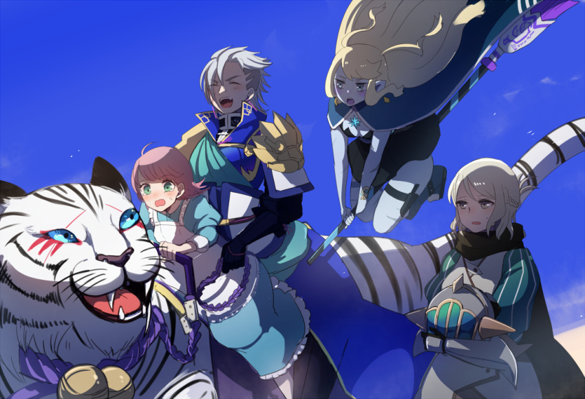 1boy 3girls :d :o alwaysia_maliki apron armor bell black_cape black_gloves blonde_hair blue_background blue_cape blue_dress blue_eyes blush braid broom broom_riding cape closed_eyes dress gloves green_eyes grey_eyes grey_hair headwear_removed helmet helmet_removed laughing long_hair multiple_girls narumiko_busa open_mouth pink_hair pixiv_fantasia pixiv_fantasia_age_of_starlight sidelocks smile standing sweatdrop tiger tiger_fang_thistle vortex_witch_holon