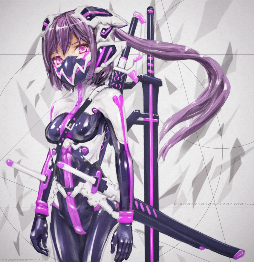 1girl arms_at_sides bodysuit breasts grey_background highres long_hair looking_at_viewer mask mecha_musume ninja_mask original pink_eyes ponytail purple_hair science_fiction sheath sheathed shiny shiny_clothes skin_tight small_breasts solo sword weapon yumikoyama49