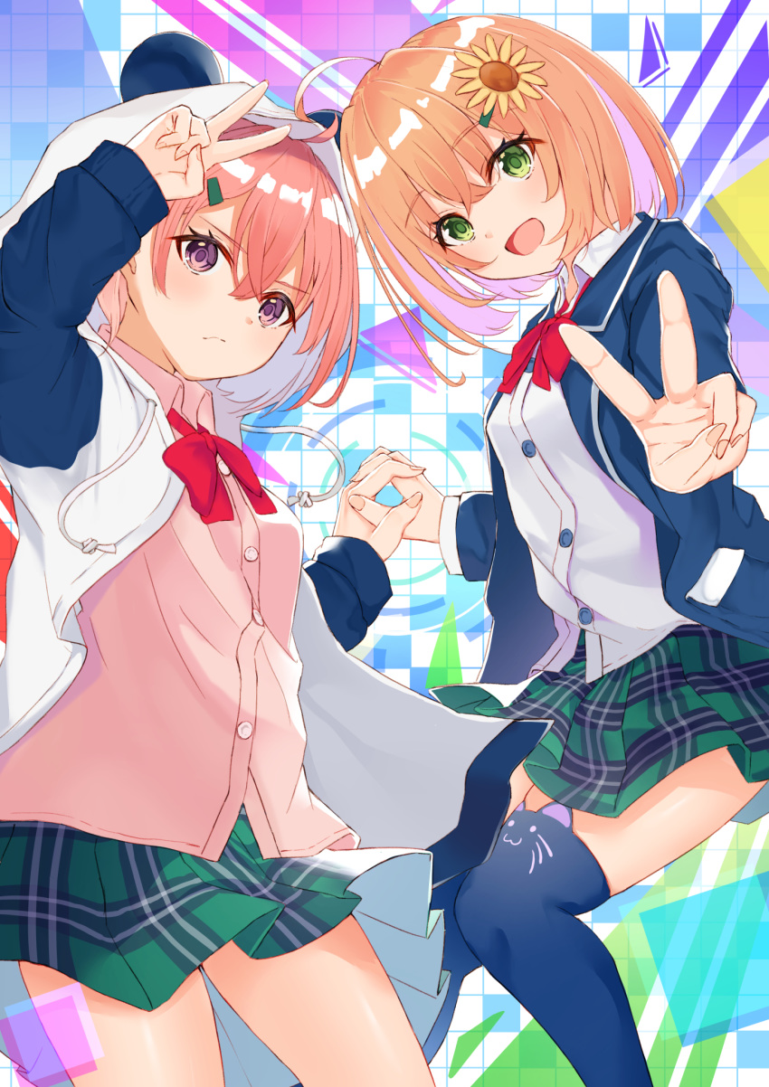 2girls :d ahoge animal_band_legwear animal_ears arm_up bangs blazer blue_jacket blue_legwear blush bow brown_hair cat_band_legwear closed_mouth collared_shirt drawstring dress_shirt eyebrows_visible_through_hair fake_animal_ears flower green_eyes green_skirt hair_between_eyes hair_flower hair_ornament hairclip highres hikashou honma_himawari hood hood_down hooded_jacket jacket long_sleeves multiple_girls nijisanji open_blazer open_clothes open_jacket open_mouth outstretched_arm panda_ears panda_hood pink_hair pink_shirt plaid plaid_skirt pleated_skirt red_bow sasaki_saku school_uniform shirt skirt sleeves_past_wrists smile sunflower_hair_ornament thigh-highs v violet_eyes virtual_youtuber white_jacket white_shirt yellow_flower