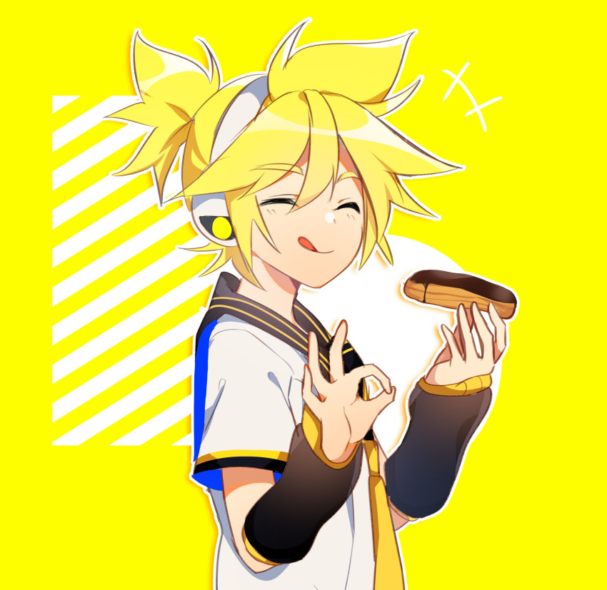 +++ 1boy :p black_collar black_sleeves blonde_hair closed_eyes collar commentary detached_sleeves doodle eclair_(food) ei_flow english_commentary facing_viewer food from_side hands_up headphones highres holding holding_food kagamine_len male_focus necktie ok_sign sailor_collar school_uniform shirt short_ponytail short_sleeves smile solo spiky_hair tongue tongue_out vocaloid white_shirt yellow_background yellow_neckwear