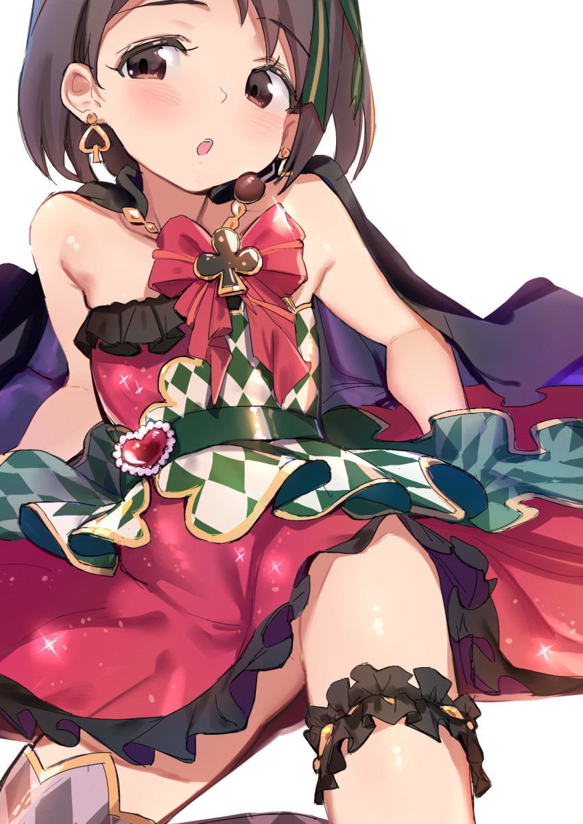 1girl bare_shoulders brooch brown_eyes brown_hair cape checkered checkered_dress commentary_request costume diamond_(shape) dress earrings frilled_skirt frills hair_ribbon highres idolmaster idolmaster_cinderella_girls jewelry looking_at_viewer o.m open_mouth red_dress ribbon sasaki_chie skirt solo strapless strapless_dress thigh_strap thighs white_background