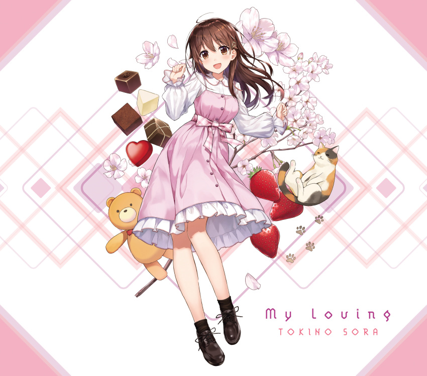 1girl album_cover amagai_tarou ankimo_(tokino_sora_channel) bangs blush brown_eyes brown_footwear brown_hair cat character_name cherry_blossoms chocolate cover dress flower full_body hair_ornament hairclip heart highres hololive long_hair long_sleeves looking_at_viewer official_art open_mouth petals pink_background pink_dress shirt shoes smile star star_hair_ornament stuffed_animal stuffed_toy teddy_bear tokino_sora tokino_sora_channel virtual_youtuber water white_shirt