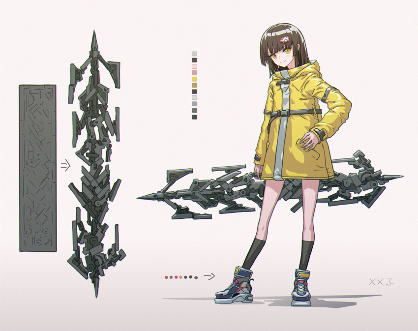 1girl black_hair black_legwear hair_ornament hand_on_hip highres holding holding_weapon jacket kneehighs long_hair pixiv_fantasia pixiv_fantasia_age_of_starlight shoes si_(ruanmumu) simple_background smile sneakers socks weapon white_background yellow_eyes yellow_jacket