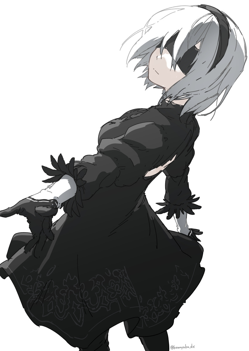 1girl absurdres black_blindfold black_gloves black_hairband blindfold closed_mouth dress fur-trimmed_sleeves fur_trim gloves hairband highres nier_(series) nier_automata puffy_sleeves short_hair simple_background solo tokitsu_sousaku twitter_username white_background white_hair yorha_no._2_type_b