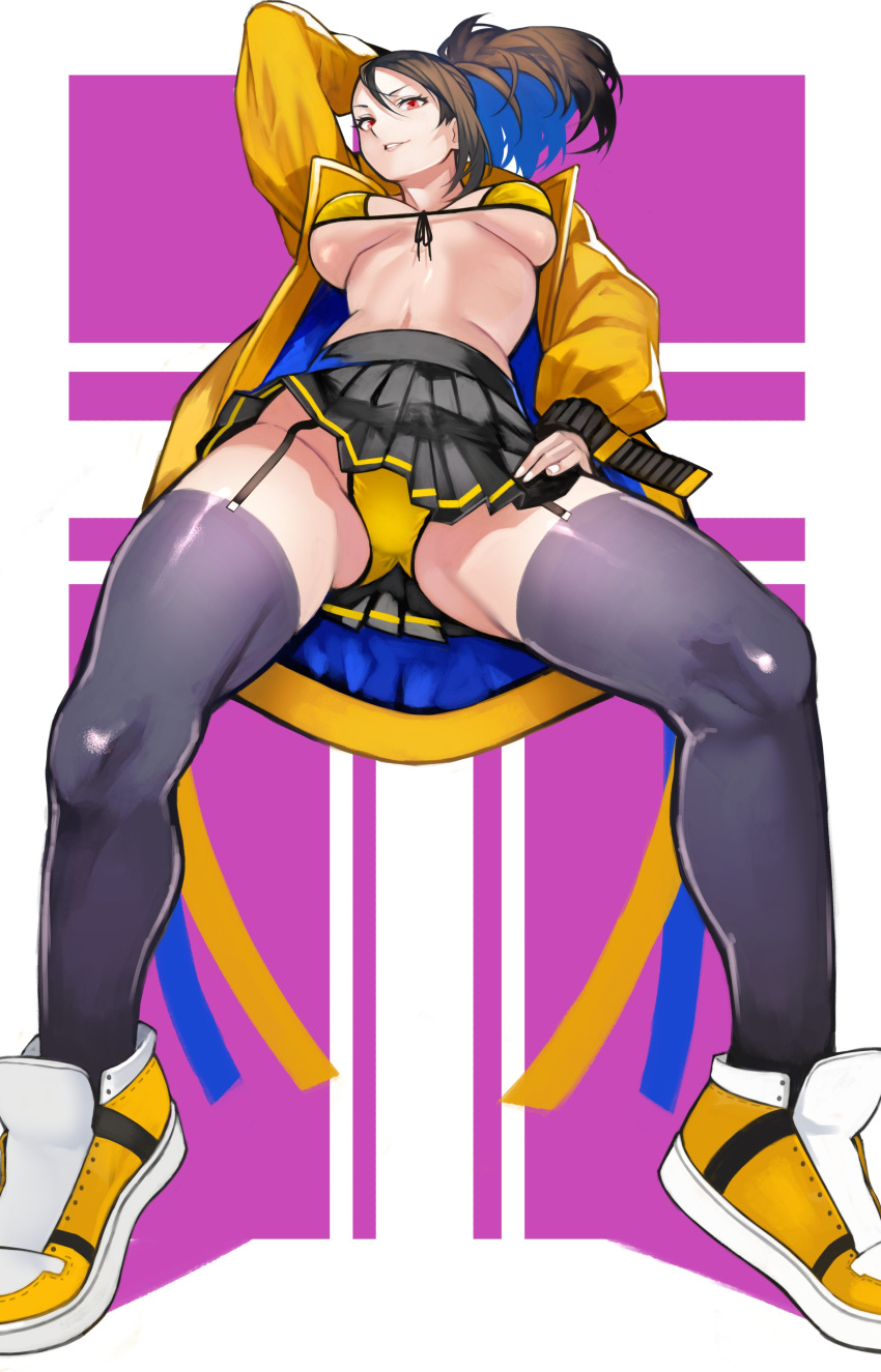 1girl 55level absurdres arm_behind_head ass bikini black_hair breasts garter_straps grey_legwear grin hair_between_eyes highres jacket long_hair looking_at_viewer original pleated_skirt ponytail red_eyes skirt sleeves_past_wrists smile solo spread_legs swimsuit thigh-highs yellow_bikini