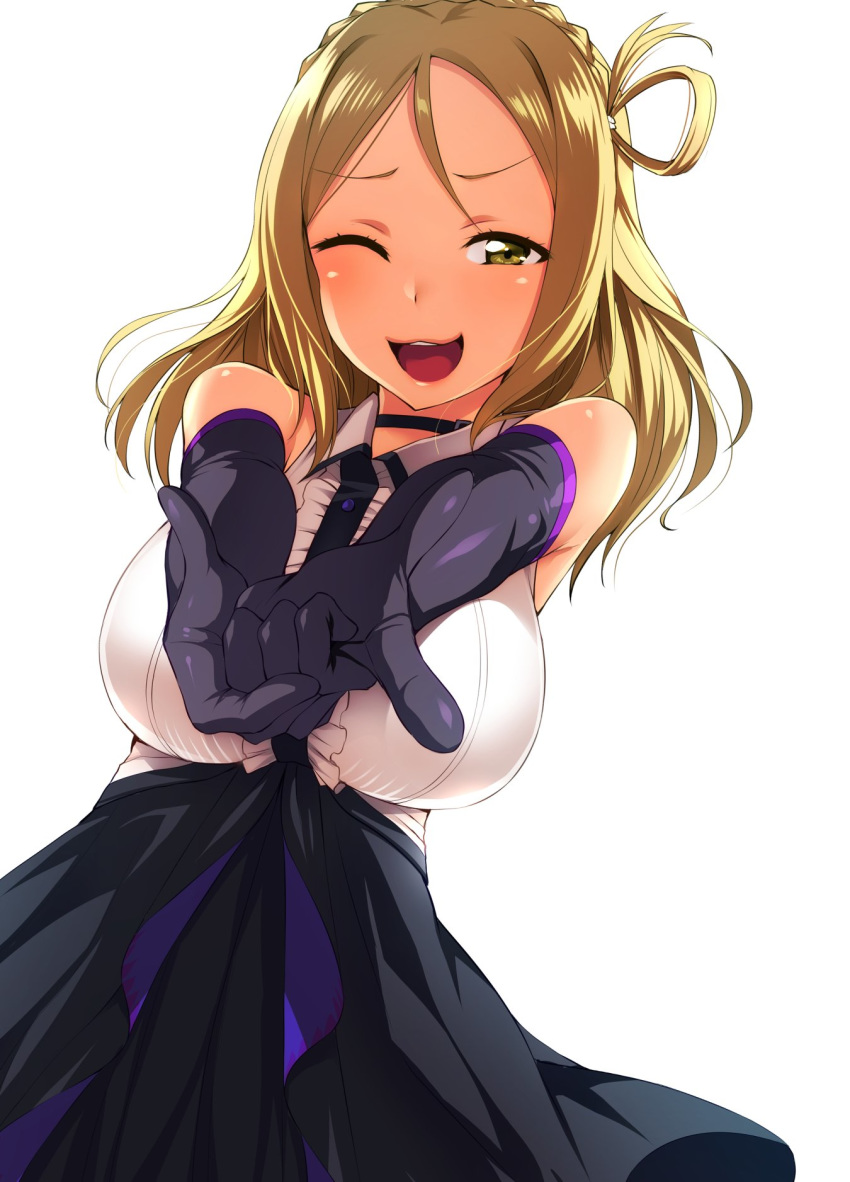 1girl :3 :d bangs black_gloves black_skirt blonde_hair blush breasts collared_shirt elbow_gloves gloves highres large_breasts looking_at_viewer love_live! love_live!_sunshine!! ohara_mari one_eye_closed one_side_up open_mouth parted_bangs pointing pointing_at_viewer satou_kuuki shirt simple_background skirt smile solo white_background white_shirt yellow_eyes