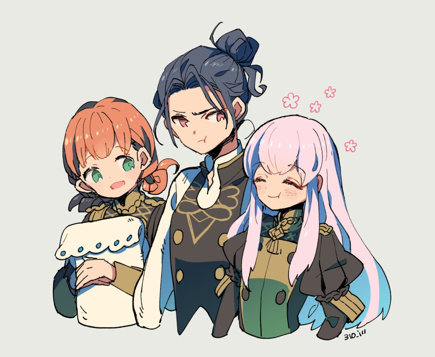 1boy 2girls 310_ill annette_fantine_dominic artist_name black_hair closed_eyes closed_mouth felix_hugo_fraldarius fire_emblem fire_emblem:_three_houses garreg_mach_monastery_uniform green_eyes grey_background highres holding long_hair long_sleeves lysithea_von_ordelia multiple_girls open_mouth orange_hair short_hair simple_background smile twintails uniform upper_body white_hair