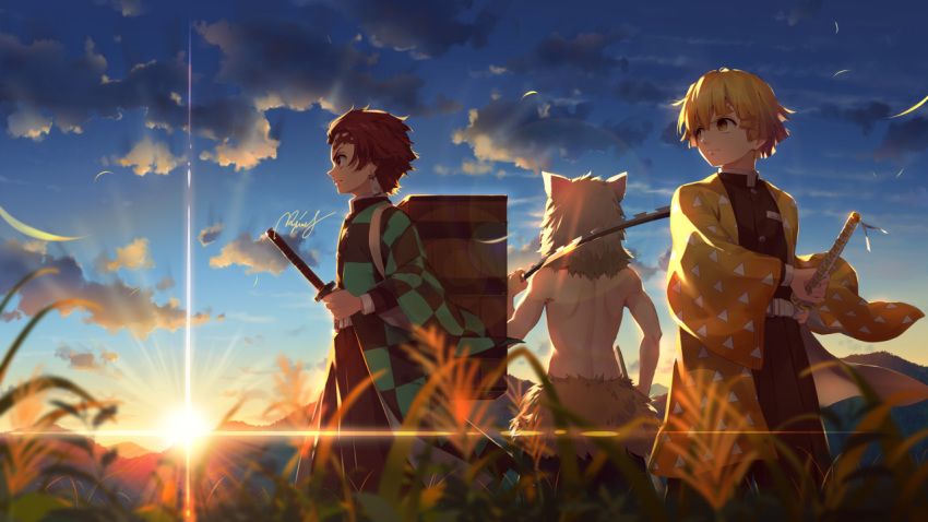 3boys agatsuma_zenitsu backlighting backpack bag blonde_hair boar_mask brown_hair checkered closed_mouth clouds earrings facial_scar grass haori hashibira_inosuke holding holding_sword holding_weapon japanese_clothes jewelry kamado_tanjirou kimetsu_no_yaiba lens_flare long_sleeves male_focus multiple_boys outdoors profile rupinesu scar sheath sheathed shirtless signature standing sun sword uniform weapon yellow_eyes