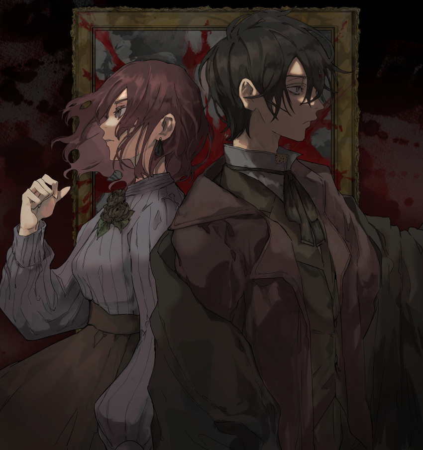 1boy 1girl absurdres black_hair blood blood_on_wall brown_eyes brown_hair closed_mouth earrings fingernails green_neckwear highres jewelry long_fingernails medium_hair momomosae original painting_(object) parted_lips sharp_fingernails single_earring