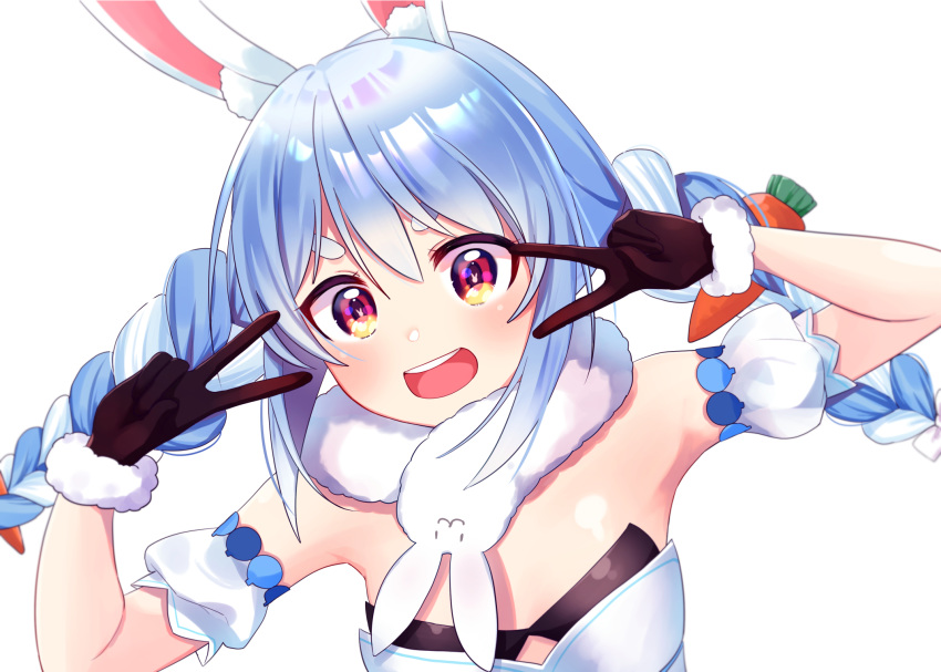 1girl animal_ear_fluff animal_ears arm_cuffs black_gloves blue_hair braid breasts carrot_hair_ornament double_v dress food_themed_hair_ornament fur-trimmed_gloves fur_scarf fur_trim gloves hair_between_eyes hair_ornament highres hololive long_hair looking_at_viewer multicolored_hair off-shoulder_dress off_shoulder open_mouth rabbit_ears scarf simple_background small_breasts smile solo thick_eyebrows twin_braids twintails two-tone_hair upper_body usada_pekora v violet_eyes virtual_youtuber white_background white_dress white_hair white_scarf yoshimori_isa