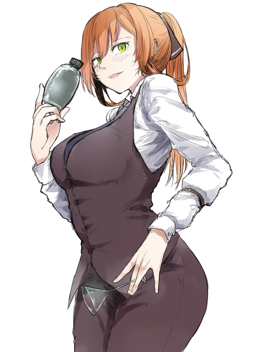 1girl absurdres alternate_costume apron bangs blue_ribbon breasts brown_apron brown_hair chair closed_mouth coffee coffee_mug collared_shirt commentary_request cup dress_shirt eyebrows_visible_through_hair from_above girls_frontline green_eyes hair_between_eyes hair_ribbon hair_rings high_ponytail highres kyoyakyo large_breasts long_hair looking_at_viewer m1903_springfield_(girls_frontline) mug ponytail ribbon shirt sidelocks smile table white_background white_shirt