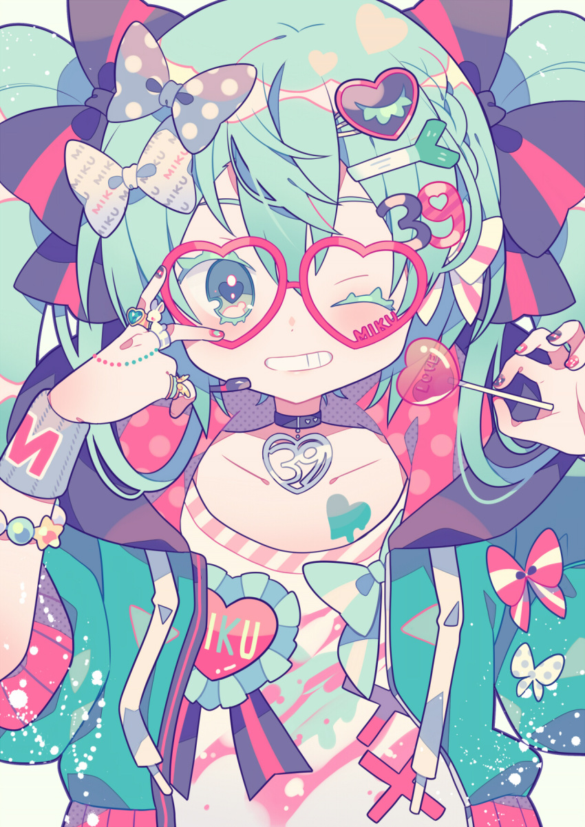 1girl 39 ;) aqua_eyes aqua_hair bow bracelet candy character_name choker collarbone commentary_request food food_themed_hair_ornament glasses grin hair_bow hair_ornament hatsune_miku headset heart heart-shaped_eyewear heart-shaped_pupils heart_lollipop highres holding holding_food hood hood_down jacket jewelry lollipop looking_at_viewer nail_polish one_eye_closed open_clothes open_jacket pendant pink-framed_eyewear polka_dot polka_dot_bow ribbon ring smile solo spring_onion_hair_ornament symbol-shaped_pupils twintails upper_body vocaloid wristband yumenouchi_chiharu