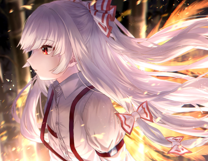1girl arm_belt bamboo bamboo_forest bangs blurry blurry_background commentary depth_of_field expressionless eyebrows_visible_through_hair fire flat_chest forest from_side fujiwara_no_mokou hair_blowing hair_ribbon half_updo highres long_hair long_sleeves looking_to_the_side mozuno_(mozya_7) nature night open_mouth outdoors parted_lips ponytail profile ribbon shirt silver_hair standing suspenders touhou upper_body very_long_hair white_shirt
