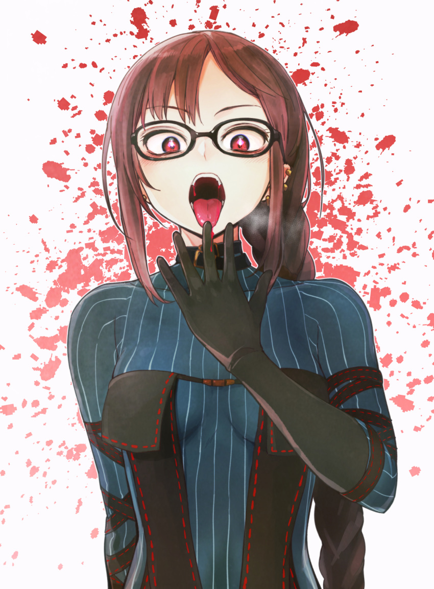 1girl bangs black_dress blood blood_splatter blush braid breasts breath brown_hair consort_yu_(fate) dress ear_piercing earrings eyebrows_visible_through_hair fate/grand_order fate_(series) glasses highres jewelry kou1 long_hair looking_at_viewer medium_breasts multiple_earrings music open_mouth piercing pinstripe_pattern red_eyes singing solo striped tongue upper_body white_background