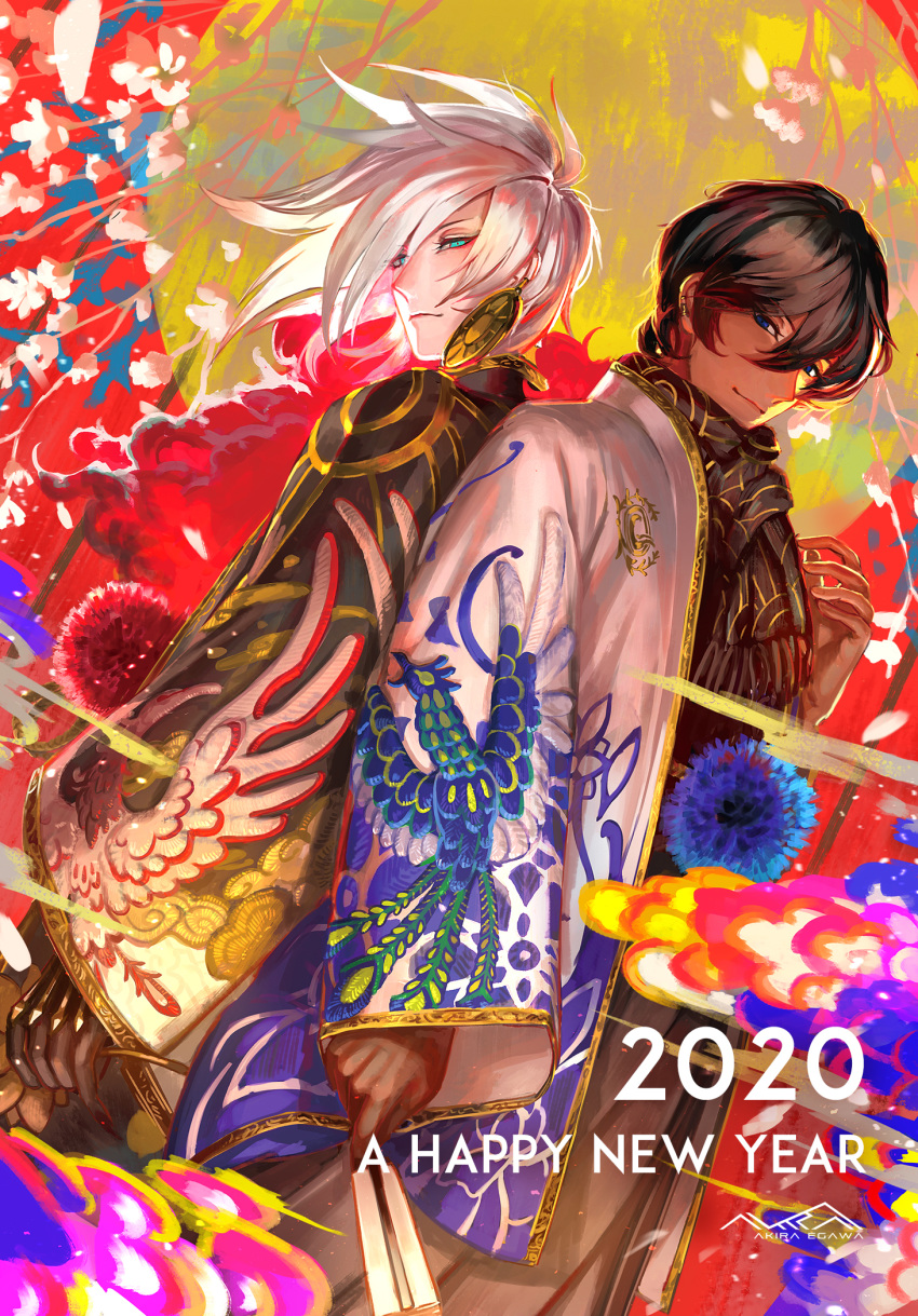 2020 2boys arjuna_(fate/grand_order) back-to-back black_hair dark_skin dark_skinned_male egawa_akira fate/grand_order fate_(series) hagoita haori happy_new_year highres japanese_clothes karna_(fate) kimono looking_at_viewer male_focus multiple_boys new_year paddle pale_skin scarf white_hair