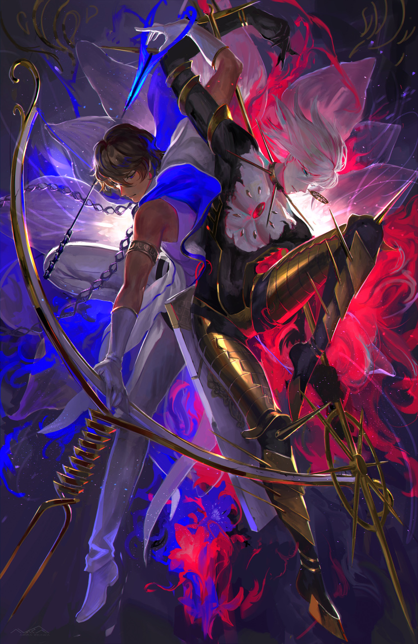 2boys absurdres agni_gandiva arjuna_(fate/grand_order) armor back-to-back bare_shoulders black_hair bodysuit bow_(weapon) brown_hair cape color_contrast dark_skin dark_skinned_male egawa_akira fate/apocrypha fate/grand_order fate_(series) flower gloves hair_between_eyes highres holding holding_bow_(weapon) holding_spear holding_weapon huge_filesize karna_(fate) lotus male_focus multiple_boys polearm spear vasavi_shakti weapon white_gloves white_hair