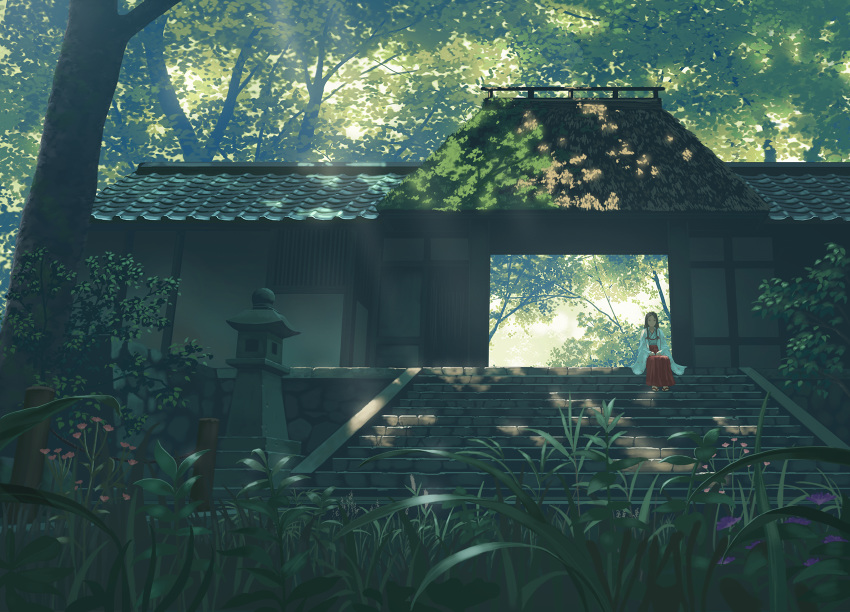 1girl architecture brown_hair dappled_sunlight doora_(dora0913) east_asian_architecture flower hakama highres japanese_clothes long_hair miko nature original outdoors plant real_world_location scenery shrine sitting solo stairs stone_lantern sunlight tree