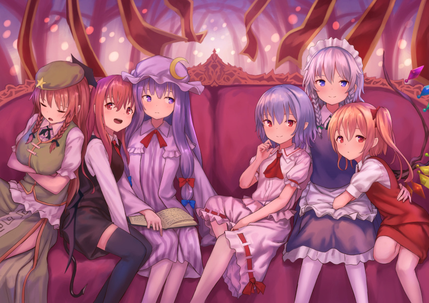 6+girls :d apron ascot bangs beret black_dress black_legwear black_ribbon blonde_hair blue_bow blue_eyes blue_hair blush book bow braid breasts closed_eyes commentary_request couch crescent crescent_hair_ornament crossed_arms demon_tail demon_wings dress feet_out_of_frame flandre_scarlet frilled_apron frills green_headwear green_ribbon green_skirt green_vest hair_bow hair_ornament hair_ribbon hand_up hat head_wings highres hong_meiling indoors izayoi_sakuya koakuma large_breasts long_hair long_sleeves looking_at_another looking_at_viewer looking_to_the_side maid maid_apron maid_headdress mob_cap multiple_girls no_hat no_headwear one_side_up open_mouth pantyhose patchouli_knowledge petticoat pink_dress puffy_short_sleeves puffy_sleeves purple_dress purple_hair purple_headwear red_bow red_eyes red_neckwear red_skirt red_vest redhead remilia_scarlet ribbon roke_(taikodon) shirt short_dress short_hair short_sleeves side_slit sidelocks silver_hair skirt skirt_set sleeping smile standing star tail thigh-highs touhou twin_braids vest violet_eyes waist_apron white_apron white_legwear white_shirt wings zettai_ryouiki